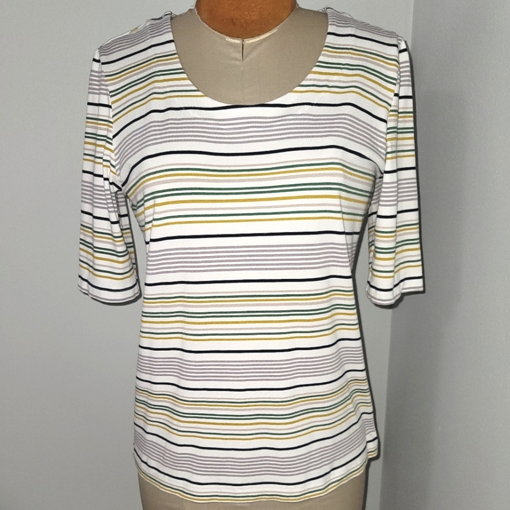 Ann Taylor Striped Fitted Elbow Sleeve Top